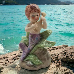 Mermaid Figurine Ceramic Purple Finned Holding Mandolin Glittery Sculpture Decor